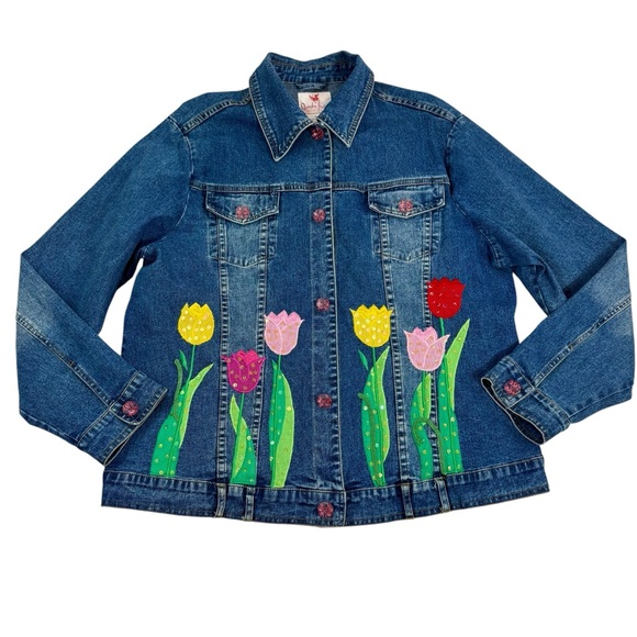Quacker Factory Sz XL Denim Jean Funky Art-to-Wear Tulip Floral Blazer Jacket - Picture 3 of 12